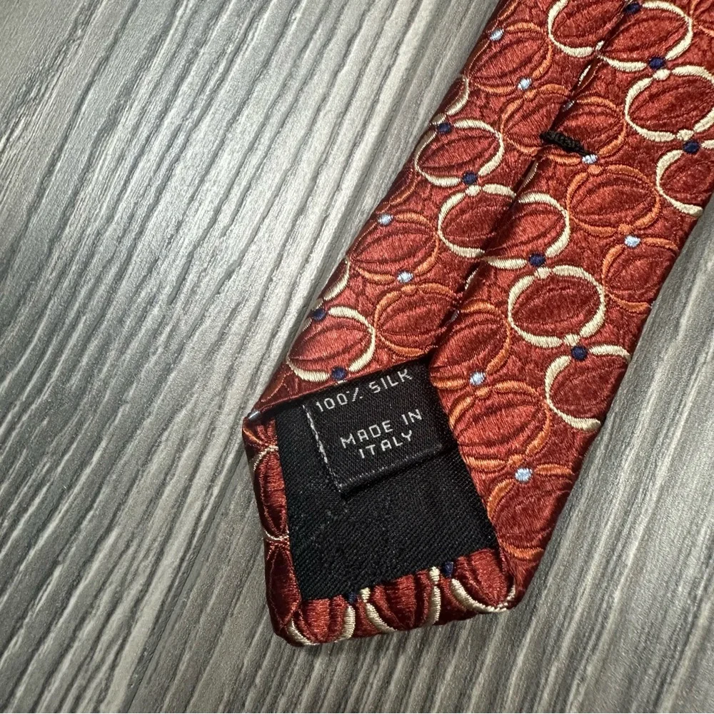 Jos. A. Bank Rust Orange Silk Tie Italy Made Yellow Geometric Circle Pattern 59”
